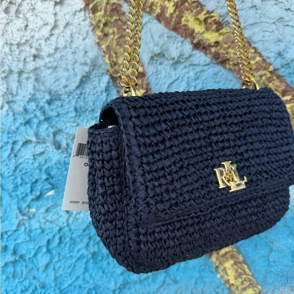 NWT Ralph Lauren Navy Straw Chain Crossbody Coastal Quiet Luxury Bag - Picture 3 of 3
